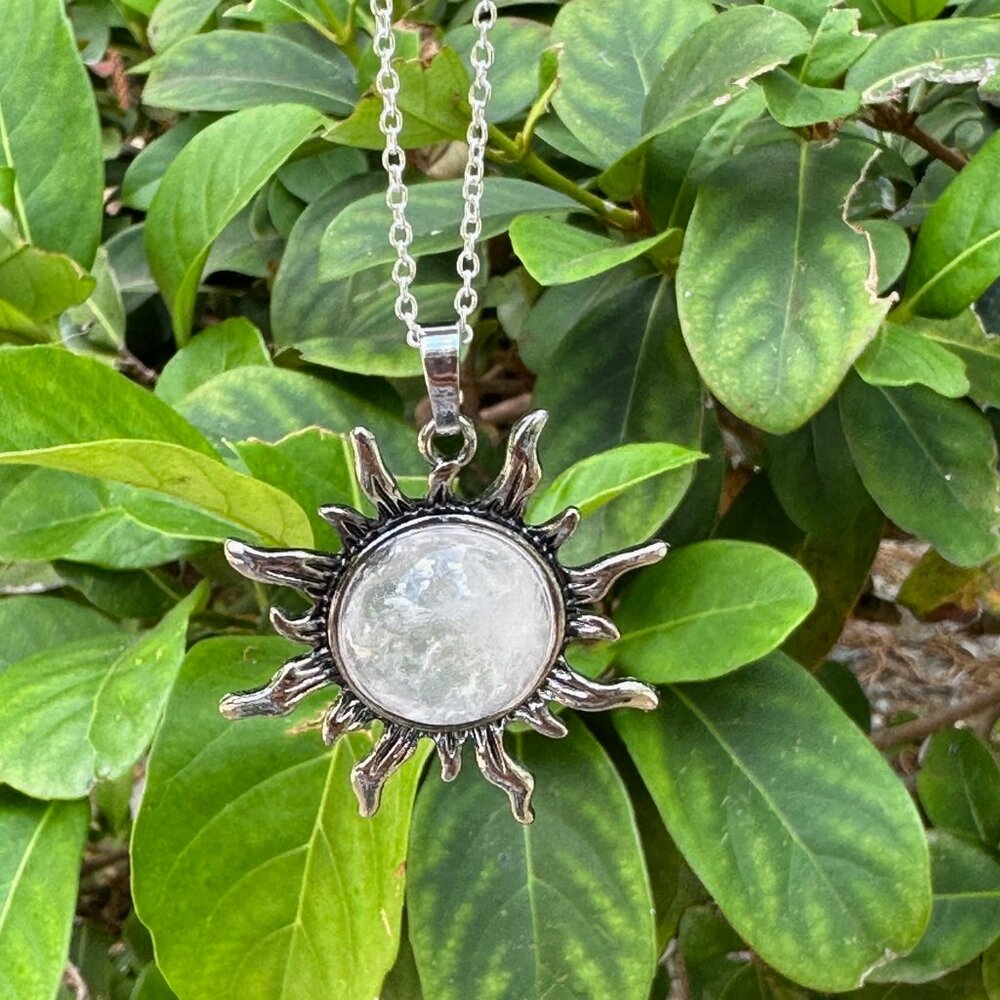 NEW Clear Quartz Sun Necklace Clear Quartz Sun Pendant w Silver Plated Chain N…